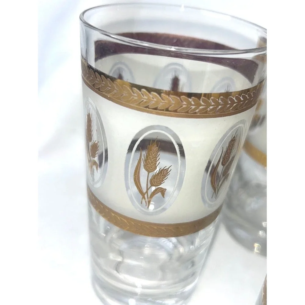 Vintage Libbey Golden Wheat Frosted‎ Highball Glasses Gold Trim Set of 6 MCM